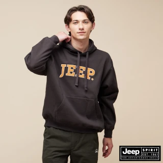 【JEEP】男裝 跳色燈心絨LOGO長袖連帽T恤(咖啡色)
