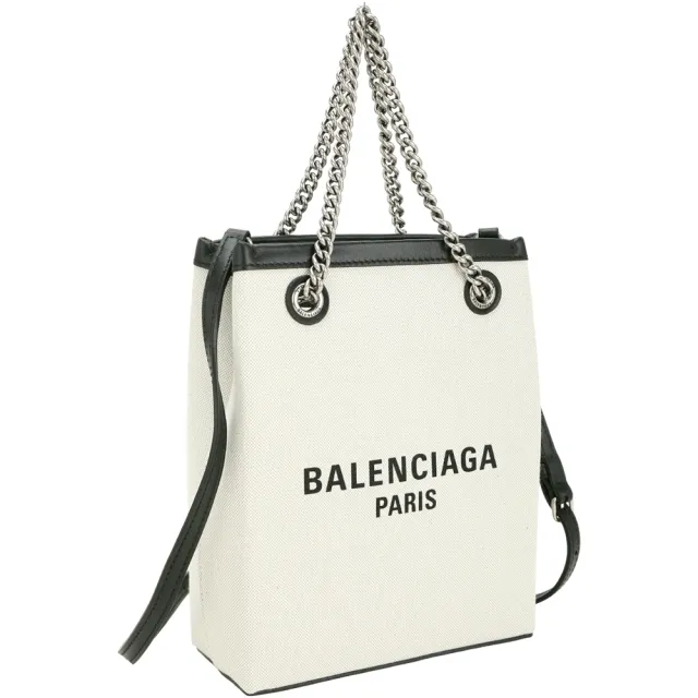 【Balenciaga 巴黎世家】Duty Free 字母帆布鍊帶手提 斜背托特包-米白(托特包 手提包 兩用包)