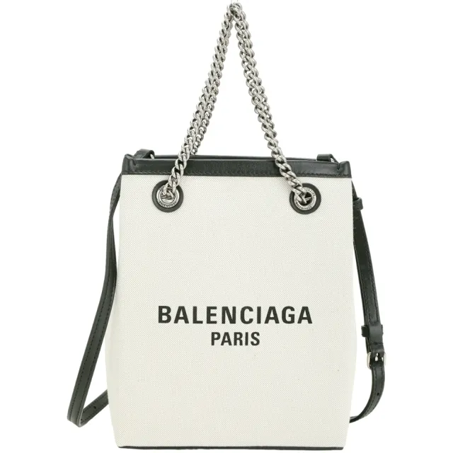 【Balenciaga 巴黎世家】Duty Free 字母帆布鍊帶手提 斜背托特包-米白(托特包 手提包 兩用包)