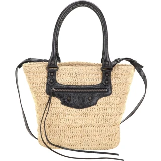 【Balenciaga 巴黎世家】Le City 小型 拉菲草編織拼小羊皮手提 斜背托特包-卡其色(托特包 草編包 手提包)