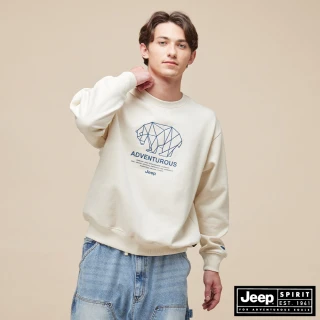 【JEEP】男裝 幾何北極熊刺繡長袖T恤(米白色)