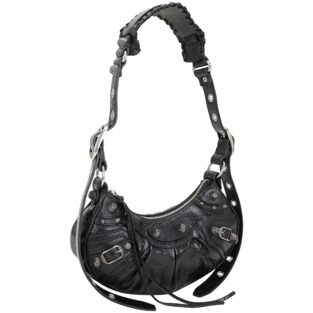 【Balenciaga 巴黎世家】Le Cagole XS 新版 鞣製小羊皮肩 斜背可頌包-黑色(肩背包 腋下包 可頌包)