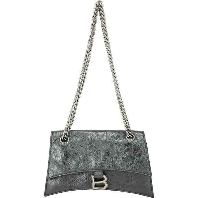 【Balenciaga 巴黎世家】Crush 小款 金屬感揉製牛皮鍊帶肩斜背包-銀灰(肩背包 鍊帶包 翻蓋包)