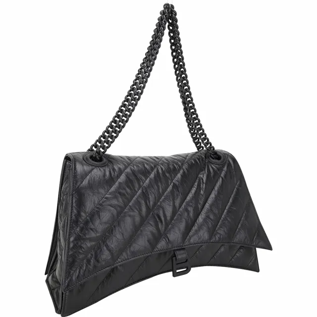 【Balenciaga 巴黎世家】Crush 大款 鞣製小牛皮絎縫鍊帶肩斜背包-全黑(肩背包 鍊帶包 翻蓋包)