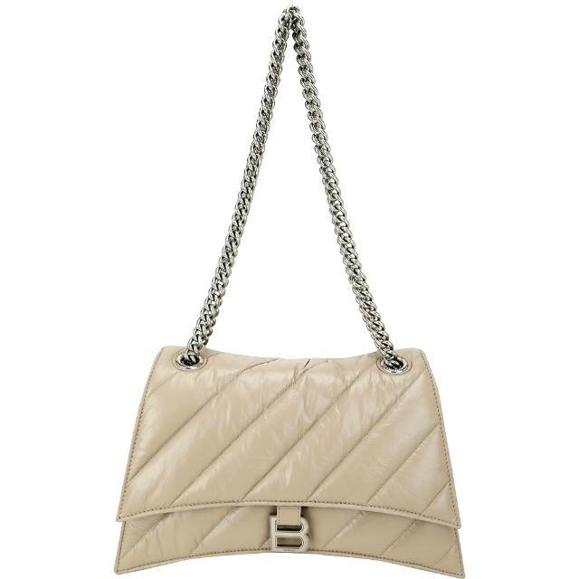 【Balenciaga 巴黎世家】Crush 中款 鞣製小牛皮絎縫鍊帶肩斜背包-卡其(肩背包 鍊帶包 翻蓋包)