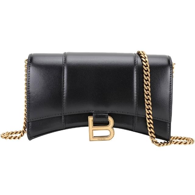 【Balenciaga 巴黎世家】Hourglass 銅金B字牛皮鍊帶斜背沙漏包-黑色(鍊帶包 斜背包 肩背包)