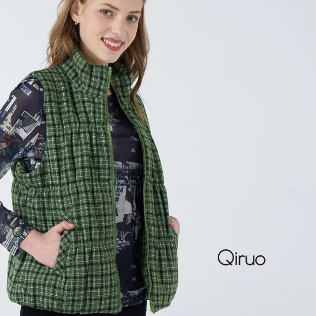 【Qiruo 奇若名品】保暖厚棉內裡 拉鍊立領綠格紋休閒背心6047D 