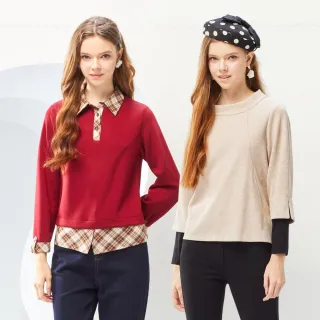 【MYVEGA 麥雪爾】MA浣熊絨溫暖感荷葉V領/寬袖開岔/假兩件上衣-多款任選(日系/針織上衣/保暖衣/毛衣)