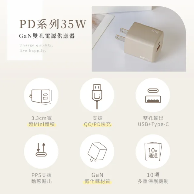【KINYO】奶茶色 35W雙孔 氮化鎵充電器/快充頭/充電頭/插頭 USB Type-C(PD3.0 PDCB135MT)