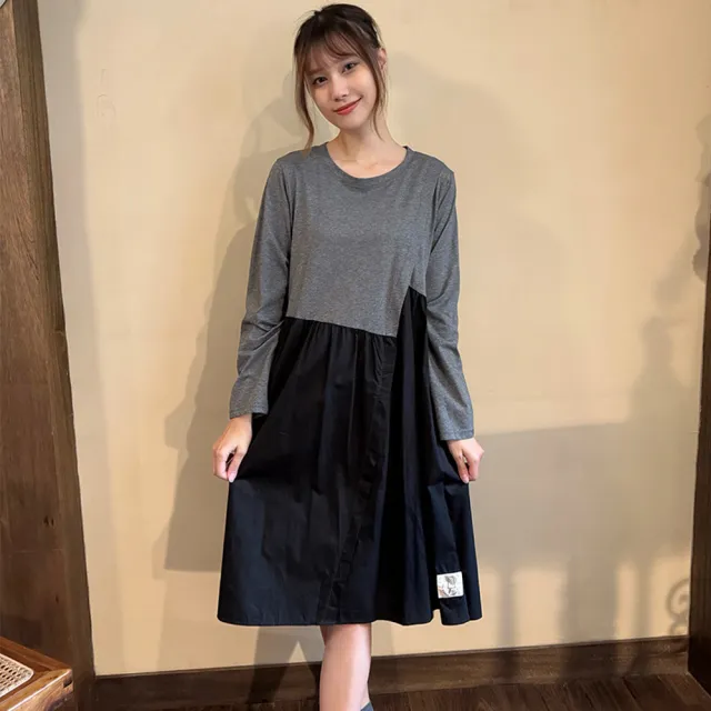 【Hana Mokuba】花木馬日系女裝不對稱面料拼接圓領長袖洋裝(洋裝)