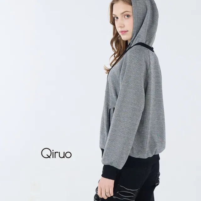 【Qiruo 奇若名品】軟保暖棉質 連帽長袖灰小格紋黑色休閒上衣 6259A 