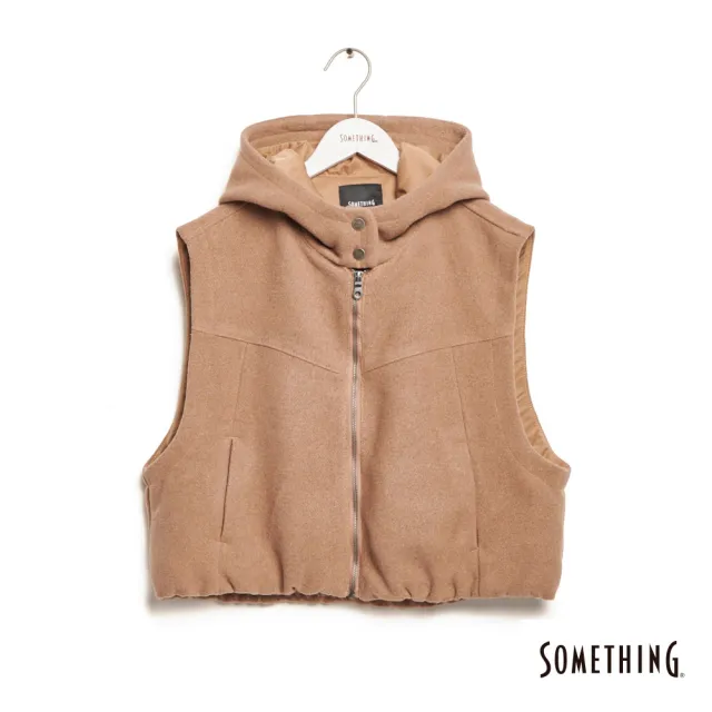 【SOMETHING】女裝 寬版短毛呢連帽背心(咖啡色)