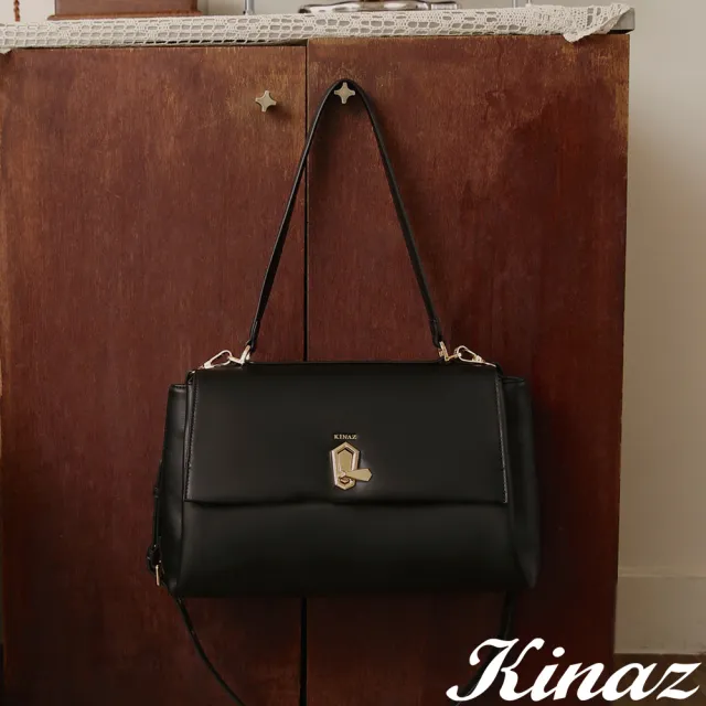 【KINAZ】鑽石金屬轉鎖三層掀蓋斜背肩背包-流光曜黑-微鑽系列