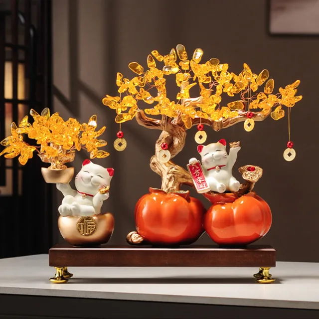 【諾必行】柿柿如意招財貓擺件 38x10x31cm(發財樹擺件 客廳擺飾 高級感裝飾 新居喬遷必備)