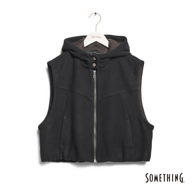 【SOMETHING】女裝 寬版短毛呢連帽背心(黑色)