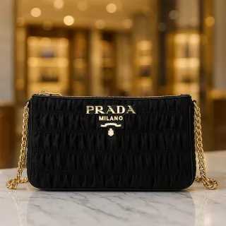 【PRADA 普拉達】質感尼龍款鍊條肩背包/斜背包(黑)