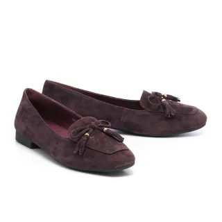 【AS 集團】沉穩復古蝴蝶結流蘇羊麂皮樂福低跟鞋(紫)
