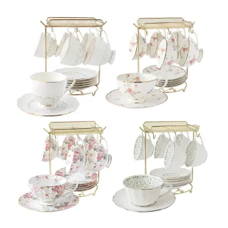 【Just Home】骨瓷咖啡杯盤12件禮盒組附收納架(多款花色可選)