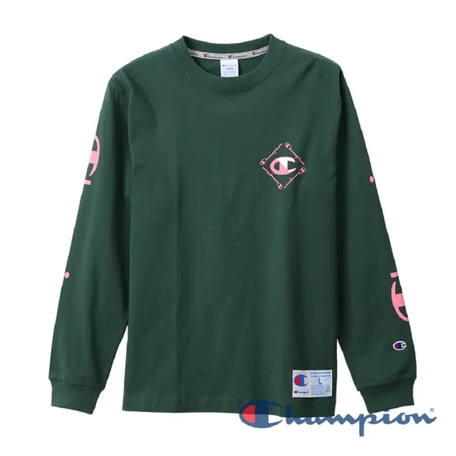 【Champion】官方直營 男款-AS印花LOGO長袖TEE-綠色(C3-R402-570 日規)