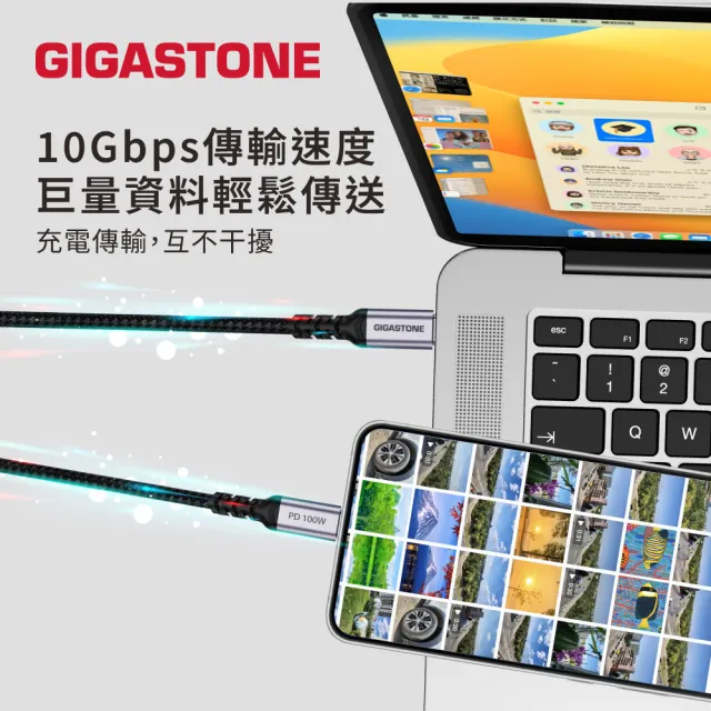 【Gigastone 立達國際】100W Type-C to C 4K USB3.2 Gen2 編織傳輸充電線 CC-7800B (支援iPhone17/MacBook)