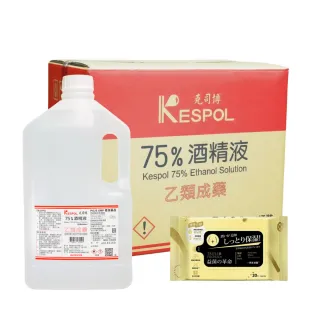 【克司博】75%酒精液 6桶+益菌棉柔濕巾1包(4000ml x6桶+20抽濕式衛生紙x1 防疫清潔)