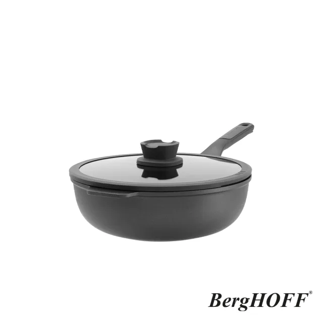 【BergHOFF 貝高福】Stone+陶瓷塗層不沾鍋單柄含蓋炒鍋28cm(BHST-28W-BK)