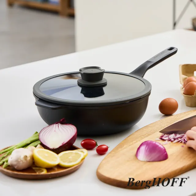 【BergHOFF 貝高福】Stone+陶瓷塗層不沾鍋單柄含蓋炒鍋28cm(BHST-28W-BK)