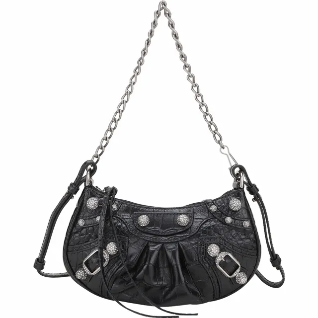 【Balenciaga 巴黎世家】Le Cagole 鑽飾鉚釘鱷魚紋壓花小牛皮迷你可頌包-黑色(斜背包 鏈帶包 可頌包)