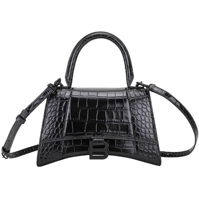【Balenciaga 巴黎世家】Hourglass 小型 B字鱷魚壓花牛皮手提 斜背沙漏包-黑色(手提包 斜背包 兩用包)