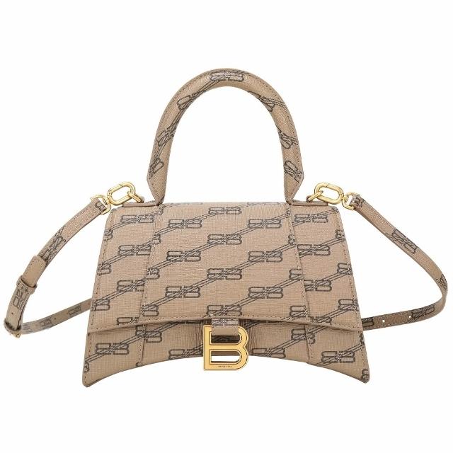【Balenciaga 巴黎世家】Hourglass 小型 BB 印花塗層帆布手提斜背沙漏包-卡其色(手提包 斜背包 兩用包)
