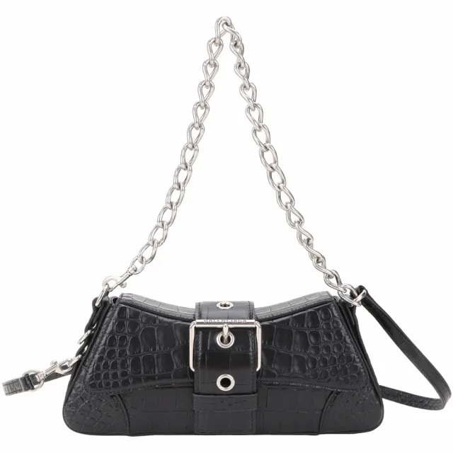 【Balenciaga 巴黎世家】Lindsay 鱷魚紋牛皮翻蓋肩背 斜背弧形包-黑色(斜背包 肩背包 弧形包 手提包)