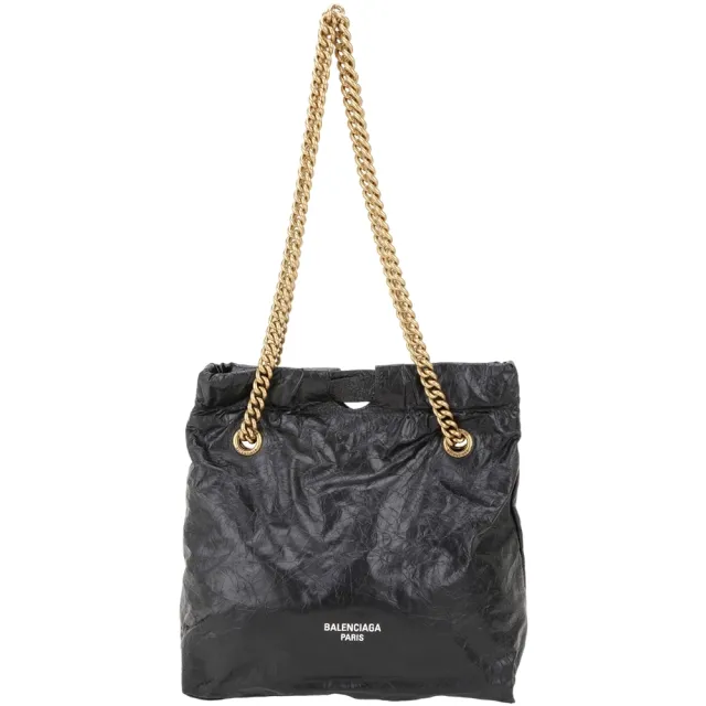 【Balenciaga 巴黎世家】Crush 小款 揉製小牛皮鍊帶托特包 - 黑色(鍊帶包 托特包 肩背包 手提包)