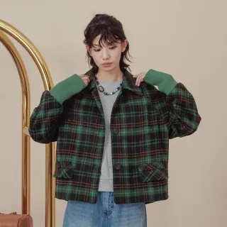 【gozo】MOMO獨家款★限量開賣 羅紋袖口格紋磨毛格紋短版大衣(綠色)