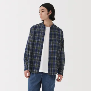 【MUJI 無印良品】男雙面起毛法蘭絨立領長袖襯衫(柔白/卡其/深藍/棕色/淺綠格紋/藍格紋/暗藍直紋/淺棕直紋)
