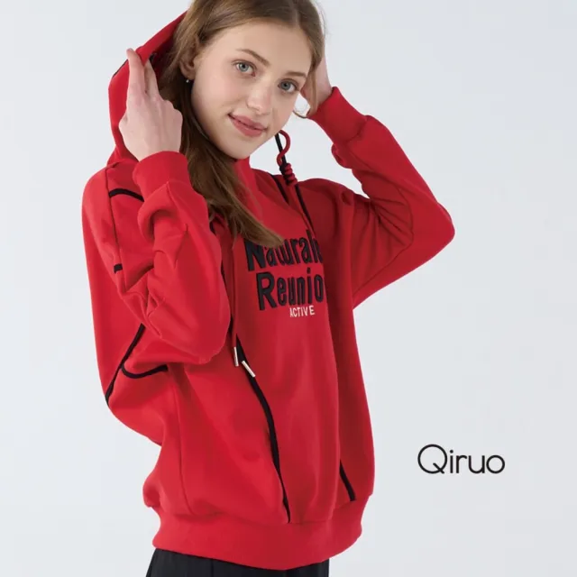 【Qiruo 奇若名品】上等棉質 連帽長袖紅色英文上衣 6256A 