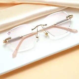 【SUNS】時尚精品老花眼鏡 鑲鑽優雅玫瑰金無框多邊形 顯年輕濾藍光老花眼鏡