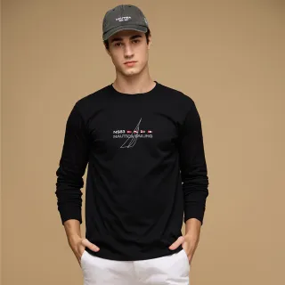 【NAUTICA】官方旗艦 男裝 航海旗幟印花長袖T恤(黑色)
