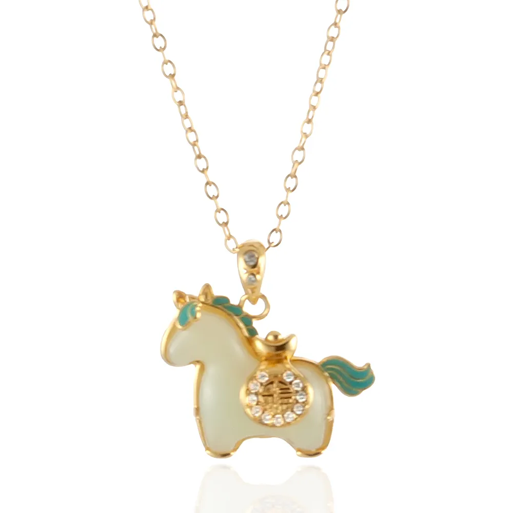 【Woogie武吉珠寶】精品和田玉馬上有錢純銀項鍊(晴白玉20x16mm)