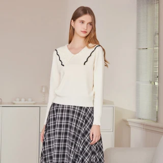 【H2O】花邊翻領撞色針織衫(#5630014 長袖上衣、針織上衣；米白色/粉色)