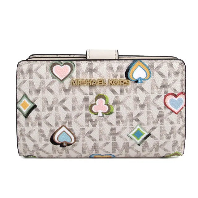 【Michael Kors】金LOGO防刮皮革壓扣式中夾(白色)