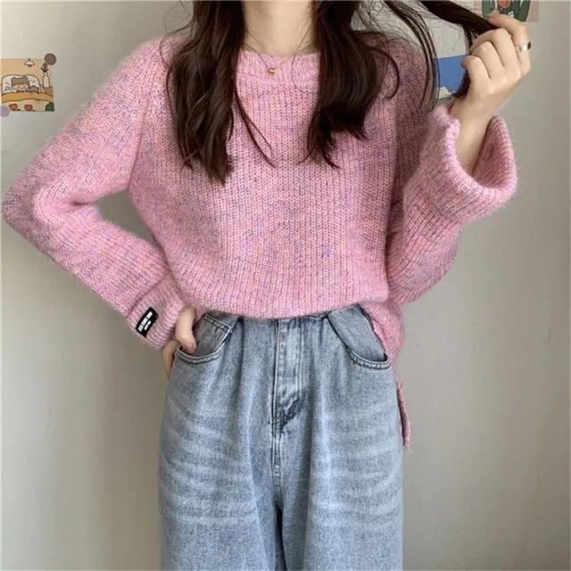 【D.studio】韓版寬鬆溫柔風針織上衣(毛衣長袖上衣衣服保暖上衣冬天女裝秋冬女裝發熱衣長袖t恤W639)