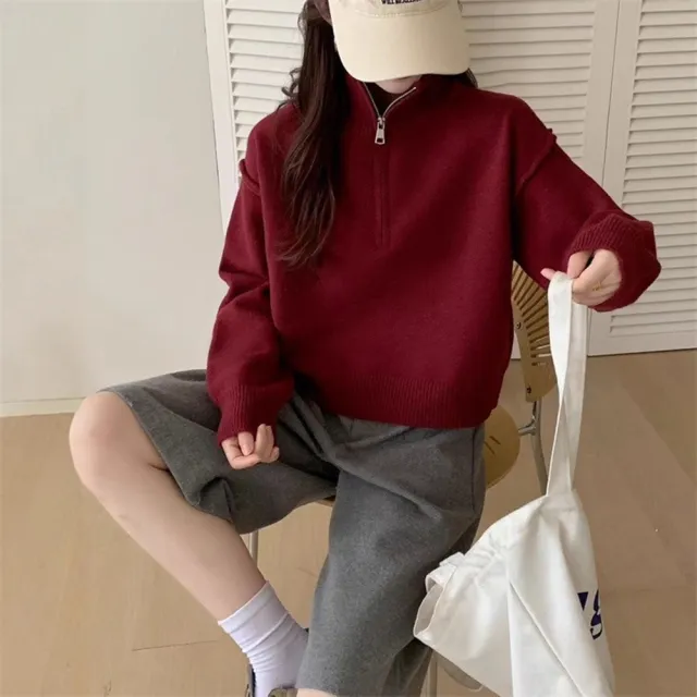 【D.studio】韓版半拉鍊寬鬆顯瘦針織上衣(毛衣長袖上衣保暖上衣冬天女裝秋冬女裝發熱衣W636)