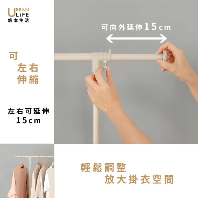 【URBAN LiFE 悠本生活】窄美學左右伸縮單衣架附煞車１個收納盒(曬吊掛收納衣架衣帽架收納籃盒置物架衣櫥)