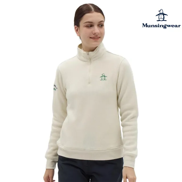 【Munsingwear】企鵝牌 女款白色立領半拉鍊針織長袖POLO衫 MLWJ2S81