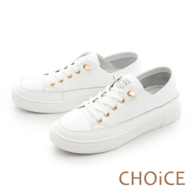 【CHOiCE】免綁帶牛貼皮厚底休閒鞋(白色)