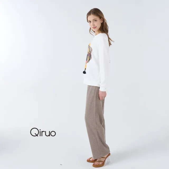 【Qiruo 奇若名品】柔軟棉布 淺咖啡色後鬆緊寬版長褲4002C 