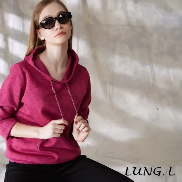 【LUNG.L 林佳樺】LU10A 桃紅色英文字F印花長袖連帽女裝上衣(秋冬新品)