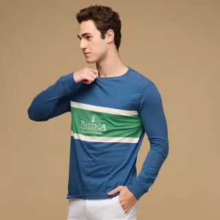 【NAUTICA】官方旗艦 男裝 撞色美式休閒長袖T恤(藍色)