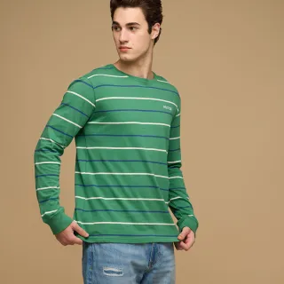 【NAUTICA】官方旗艦 男裝 撞色條紋休閒長袖T恤(綠色)