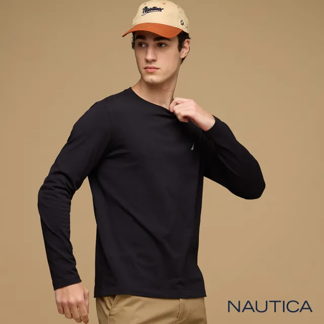 【NAUTICA】官方旗艦 男裝 經典素色休閒長袖T恤(黑色)